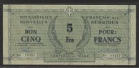 New Hebrides, P-1, (1943) 5 Francs, WWII Emergency Issue, VF/XF 12455